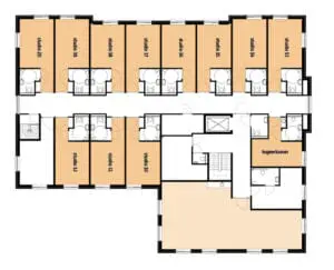 De plattegrond van de eerste verdieping van Het Anjerhuis in Ridderkerk voor mensen met dementie