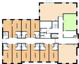De plattegrond van de begane grond van Het Blaauwhofhuis in Joure voor mensen met dementie