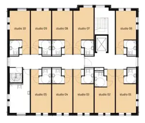De plattegrond van de eerste verdieping van Het Breeakkerhuis in 's-Hertogenbosch voor mensen met dementie