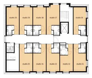 De plattegrond van de tweede verdieping van Het Breeakkerhuis in 's-Hertogenbosch voor mensen met dementie