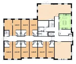 De plattegrond van de begane grond van Het Emmerdennenhuis in Emmen voor mensen met dementie