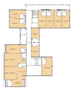 De plattegrond van de eerste verdieping van Het Hofstedehuis in Raalte voor mensen met dementie