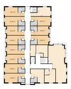 De plattegrond van de eerste verdieping van Het Hurkhuis in Helmond voor mensen met dementie