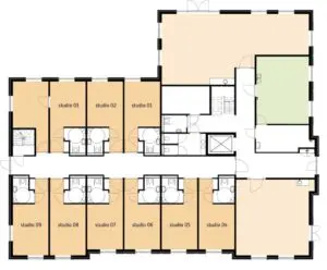 De plattegrond van de begane grond van Het Molenveldhuis in Horst voor mensen met dementie