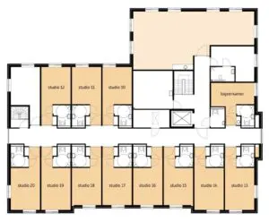 De plattegrond van de eerste verdieping van Het Molenveldhuis in Horst voor mensen met dementie