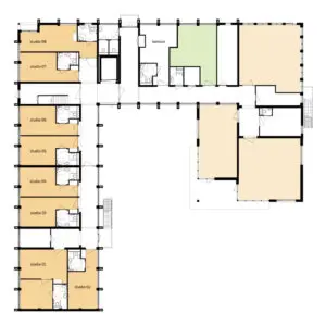 De plattegrond van de begane grond van Het Rijnhuis in Renkum voor mensen met dementie