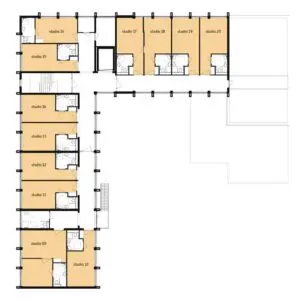 De plattegrond van de eerste verdieping van Het Rijnhuis in Renkum voor mensen met dementie