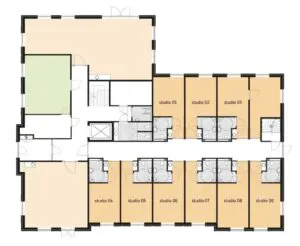 De plattegrond van de begane grond van Het Toorenhuis in Middelburg voor mensen met dementie