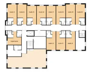 De plattegrond van de eerste verdieping van Het Vijverberghuis in Doetinchem voor mensen met dementie