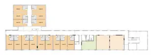 De plattegrond van de begane grond van Het Vredehofhuis voor mensen met dementie zoals Alzheimer en vasculaire dementie