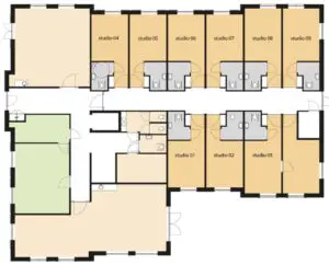 De plattegrond van de begane grond van Het Westpolderhuis in Berkel en Rodenijs voor mensen met dementie