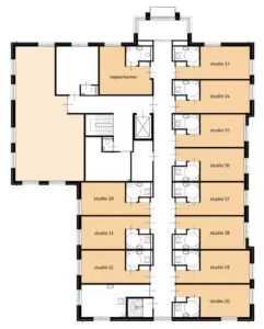 De plattegrond van de eerste verdieping van Het Zuiderparkhuis in Apeldoorn voor mensen met dementie