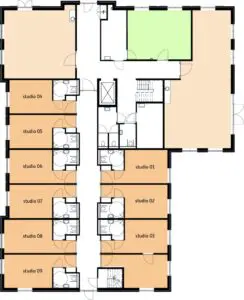 De plattegrond van de begane grond in Het Korhoenhuis in Hoogeveen voor mensen met dementie