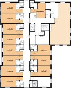 De plattegrond van de eerste verdieping in Het Korhoenhuis in Hoogeveen