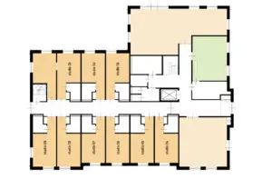 Plattegrond van de begane grond van Sfeerimpressie van de kleinschalige woonzorglocatie Het Looleehuis in Almelo
