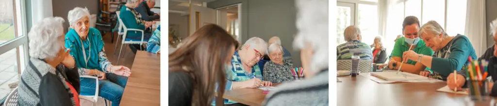 Bewoners zijn samen creatief bezig in de activiteitenruimte van een huis van Dagelijks Leven, voor mensen met dementie