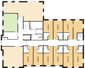 Plattegrond van de begane grond van de woonzorglocatie Het Nuenhemhuis