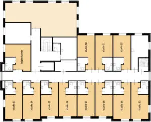 Plattegrond van de eerste verdieping van de woonzorglocatie Het Nuenhemhuis