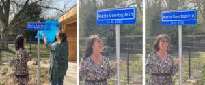 Mario Goertz onthuld samen met locatiemanager Marlies haar eigen plein in de tuin van Het Ruremundehuis in Roermond.