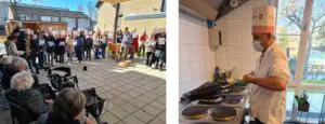 Pannenkoekdag bij Het Warandehuis. Leerlingen zingen in de tuin voor de bewoners en de kok bakt pannenkoeken in de keuken. 