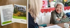 Bij Het Toorenhuis in Middelburg werd de Bewonersraad gehouden met een potje ganzenbord. Hiervan twee foto's: links de uitgetypte vragen, die waarvan de nummers corresponderen met de vakjes op het speelbord. Rechts zien we een bewoonster met dementie lachend naar de locatiemanager kijken, terwijl ze ganzenbord spelen.