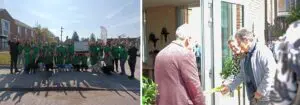 Met het doorknippen van het lintje door de eerste bewoner werd Het Carmelhuis officieel geopend. Wethouder en locatiemanager kijken toe.