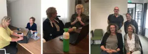 Drie foto's van psychologen aan het werk met verpleegkundig specialisten of een GVP. Zij laten zien wat een ouderenpsycholoog dagelijks doet bij Dagelijks Leven, in de dementiezorg.