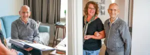Gerrit, bewoner van Het Zevenheuvelenhuis voor mensen met dementie in Groesbeek, zien we op del linkerfoto met een oud fotoboek op schoot op zijn bank in zijn studio zitten. Op de rechterfoto wandelt hij arm in arm met zijn dochter door de tuin van de woonzorglocatie. 