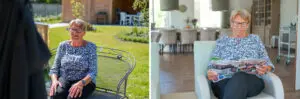 Fenneke heeft dementie en woont in Het Snijdelhuis. Dit zijn twee fot's: op de linkerfoto zit ze op een bankje in de tuin van het huis, rechts leest ze binnen in de huiskamer de televisiegids.
