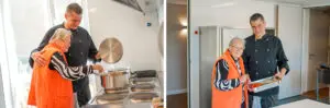 Rachel samen met de kok van Het Snijdelhuis, woonzorglocatie voor mensen met dementie in Boskoop, aan de kook in de keuken. 