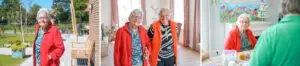 Drieluik foto's van bewoonster van Het Snijdelhuis, kleinschalige woonvoorziening voor dementiezorg in Boskoop. Links staat ze in de dementievriendelijke tuin, in het midden in de woonkamer, samen met een vriendin die ze gemaakt heeft in Het Snijdelhuis en rechts zien we haar in de activiteitenruimte tijdens een activiteit, 