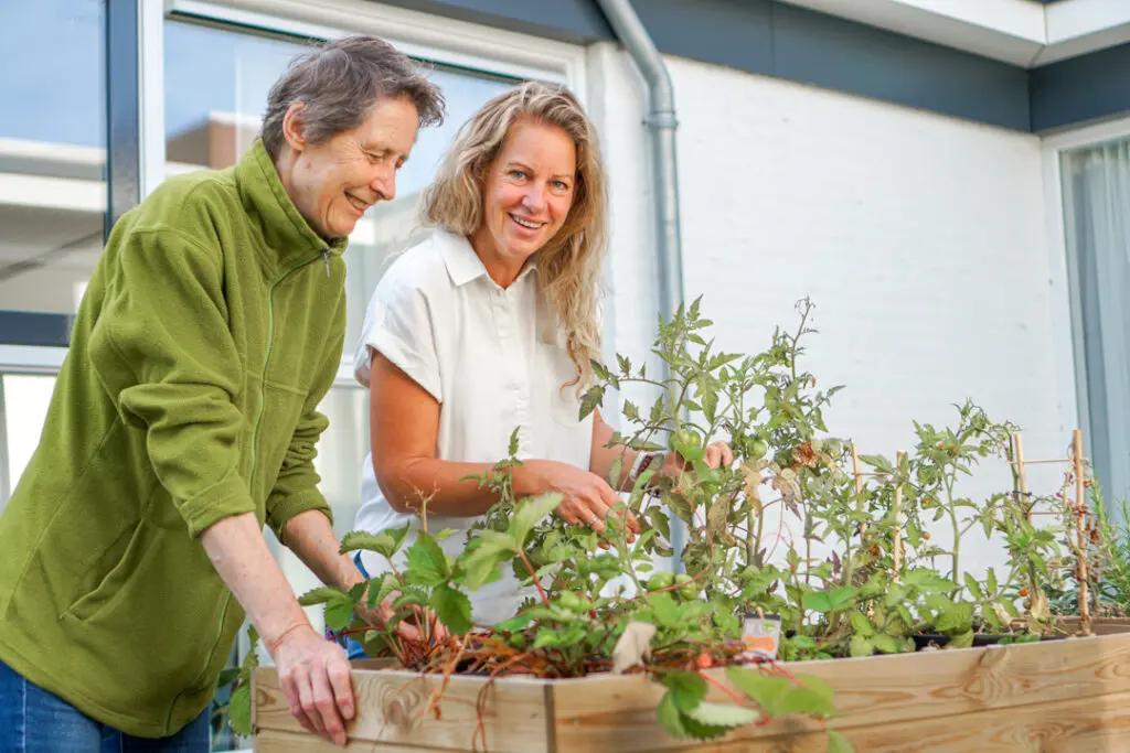 Een bewoonster met Alzheimer en een vrijwilliger van de woonzorglocatie van Dagelijks Leven, waar mensen met dementie wonen, werken samen in de moestuin van het verzorgingshuis