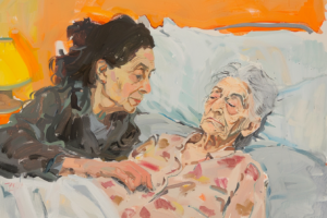 Een verwant waakt bij een bewoonster met dementie in de stervensfase. Ze raakt de bewoner aan voor genegenheid.