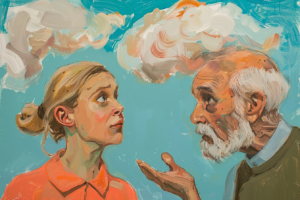 Een meneer met dementie. Geschilderd met wolken om zijn hoofd. Tegenover hem zijn dochter. De meneer kan door zijn dementie moeilijk begrijpen wat er wordt gezegd, hij voelt zich verward en verslagen.