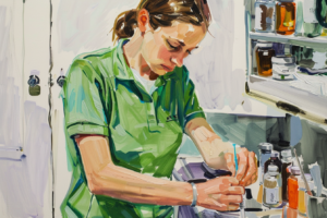 Een verzorgende IG van Dagelijks Leven bereidt een morfinespuit voor uit de medicijnkast. Ter illustratie bij een verhaal over de (on)waarheden over morfine. 