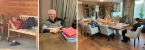 Als gastvrouw van een kleinschalige woonzorglocatie voor mensen met dementie maak je heel wat mee. Drie foto's: links een bewoner die buiten een sigaretje rookt, midden een bewoner die de was opvouwt en rechts bewoners die samen ontbijten. 