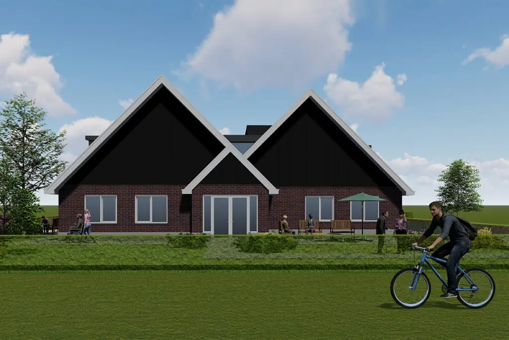 Bewoners wandelen zelfstandig door de open poort naar de buurt, in een veilige, dementievriendelijke omgeving in Hoofddorp.