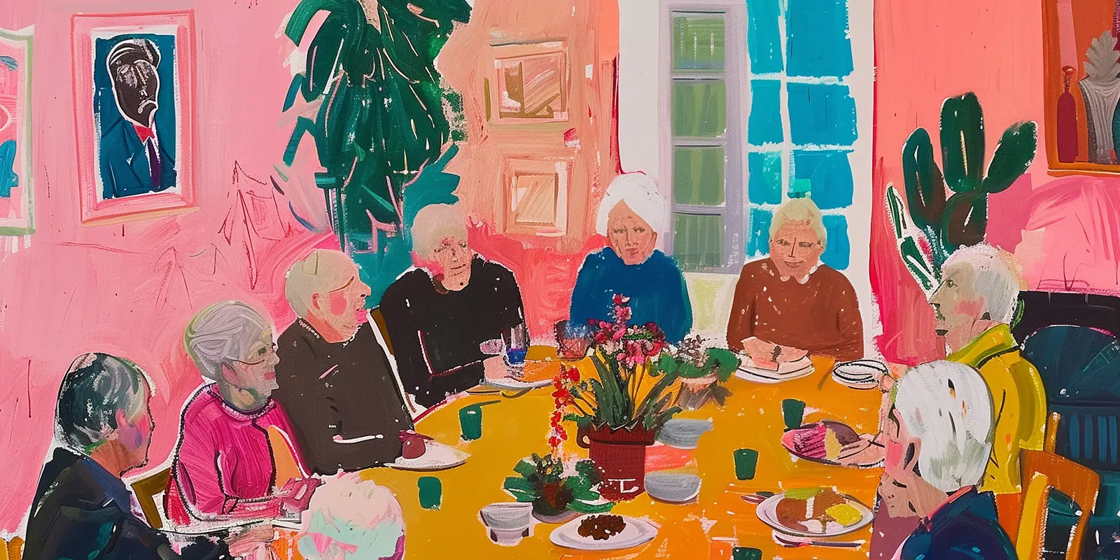 Illustratie van bewoners die in ene kleinschalige woonvorm voor mensen met dementie met elkaar aan tafel eten. Bij een blog over dat niet elke bewoner zin heeft om te helpen met de afwas.