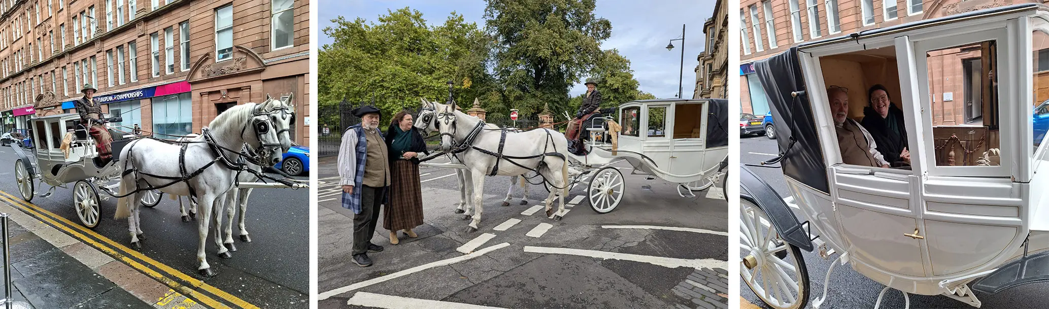 Drie foto's naast elkaar van een witte koets getrokken door twee witte paarden.