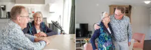 Twee foto's van zoon en moeder, in de huiskamer van Het Stappegoorhuis, onze kleinschalige woonzorglocatie voor mensen met dementie in Tilburg. Ze kijken lachend naar elkaar.