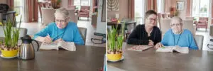 ‘Ik heb met liefde gezorgd, maar ben blij dat we nu gewoon weer moeder en dochter zijn’ 1 ochter samen met haar moeder aan tafel in Het Blaauwhofhuis, onze kleinschalige woonzorglocatie voor mensen met dementie in Joure, waar moeder woont.