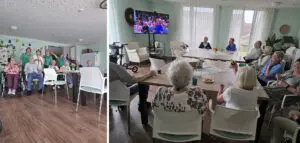 Collega Nomi van Het Roufshuis zingt op Duitse televisie 1 Nomi Stern werkt als gastvrouw bij Het Roufshuis in Sittard, maar de schlagerzangers is deze zomer ook een van de deelnemers aan de muziekcompetitie van Immer Wieder Sonntags op de duitse nationale televisie. Op de foto kijken de bewoners naar Nomi op televisie.