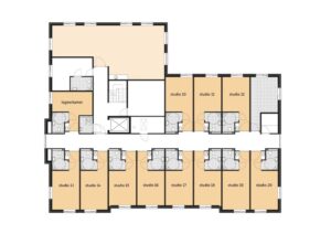 De plattegrond van de eerste verdieping van Het Beatrixhuis in Roosendaal voor mensen met dementie