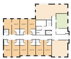 De plattegrond van de begane grond van Het Beekdalhuis in Wierden voor mensen met dementie