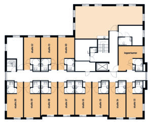 De plattegrond van de eerste verdieping van Het Blaauwhofhuis in Joure voor mensen met dementie