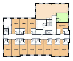 De plattegrond van de eerste verdieping van Het Emmerdennenhuis in Emmen voor mensen met dementie