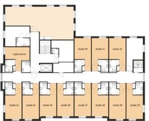 De plattegrond van de eerste verdieping van Het Havezatenhuis in Hengelo voor mensen met dementie