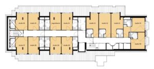 De plattegrond van de eerste verdieping van Het Korenhuis in Hoogeveen voor mensen met dementie