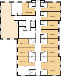De plattegrond van de eerste verdieping van Het Kulckhuis in Hellevoetsluis voor mensen met dementie