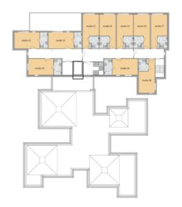 De plattegrond van de eerste verdieping van Het Loggerhuis in Zaandam voor mensen met dementie